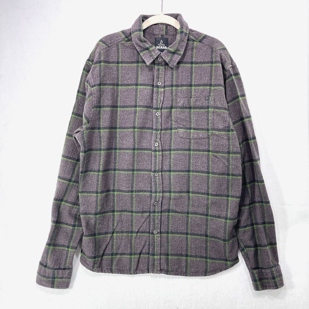 Prana Shirt Men XL Grey Green Flannel Plaid Outdoor Hiking Camping Workwear Soft